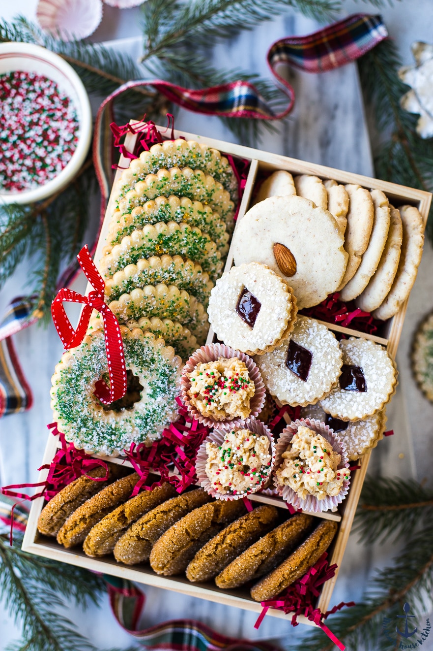 Holiday Cookie Box on a festively decorated table.