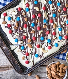 Cookie sheet with colorful Fourth of July Bark.