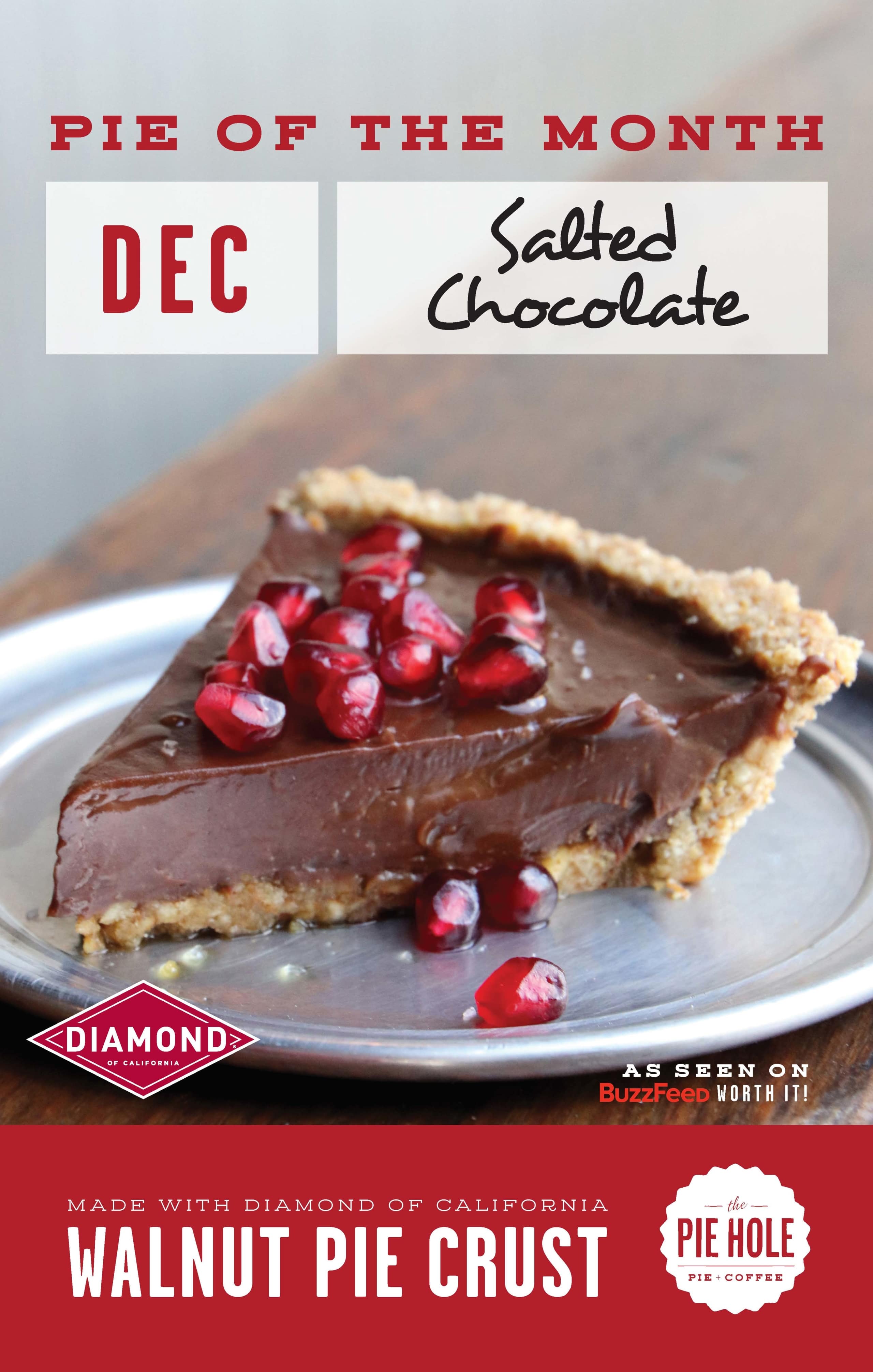 Slice of December Pie of the Month Salted Chocolate with Walnut Pie Crust.