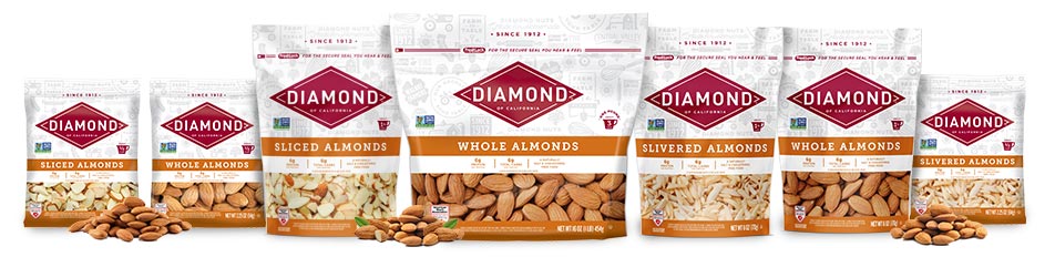 Line-up of all Diamond almond product bags.