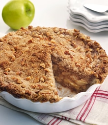 Apple Walnut Crumb Pie with slice taken out.