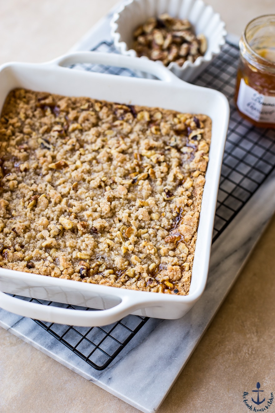 Casserole pan with Apricot Walnut Streusel Bars.