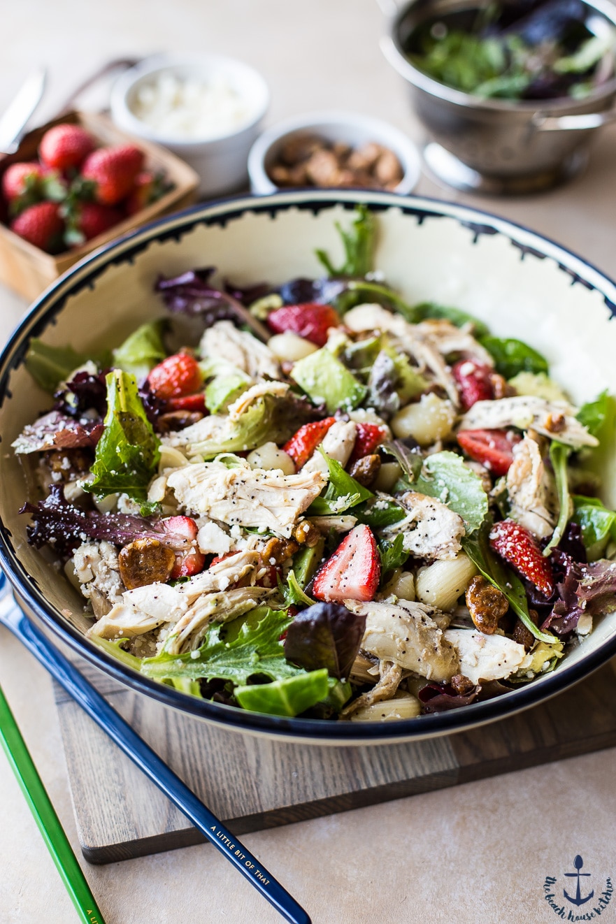 Chicken Strawberry Avocado Pasta Salad with Glazed Walnuts and Creamy Poppyseed Dressing