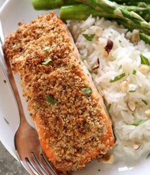 Completely Delicious Hazelnut Crusted Salmon with rice and asparagus.