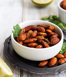 Bowl of Creme De La Crumb's Chili Almonds.