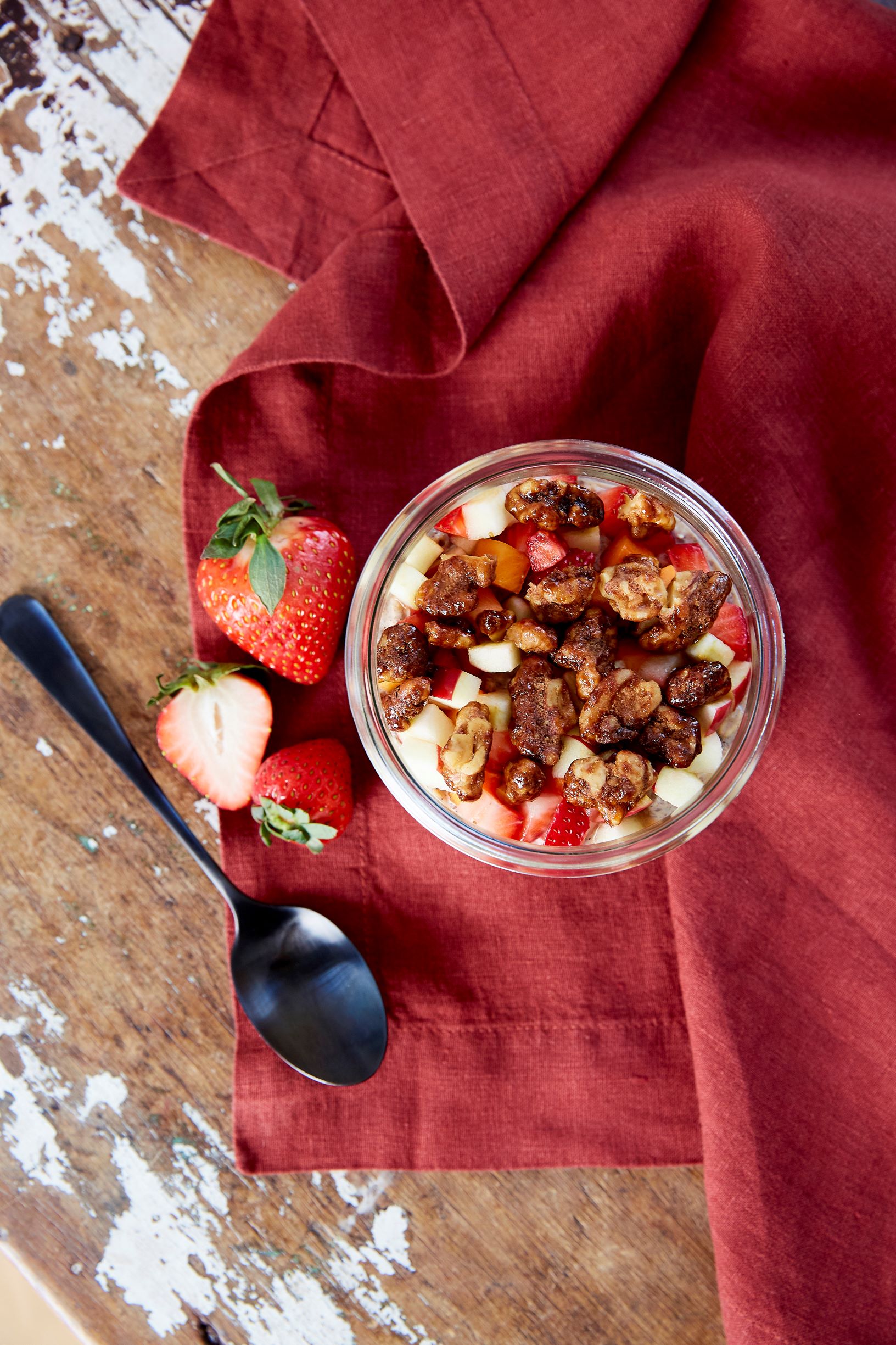 Top view of Overnight Oats with Chia Seeds and Glazed Walnuts.