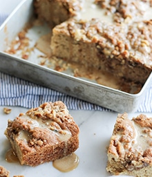 Pan and slices of Walnut Espresso Coffee Cake.