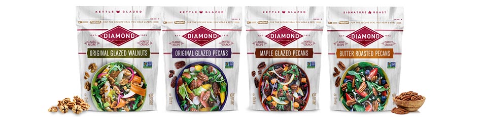 Line-up of Diamond glazed and roasted nuts.