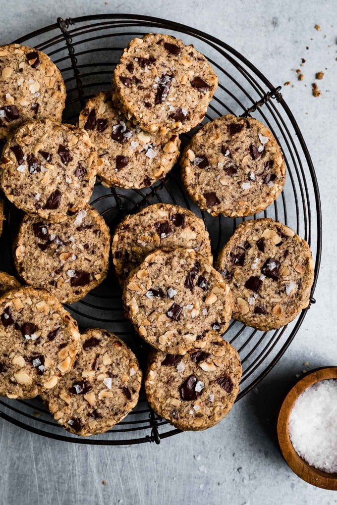 Cooling rack with Chocolate Hazelnut Gluten-Free Slice and Bake Cookies.