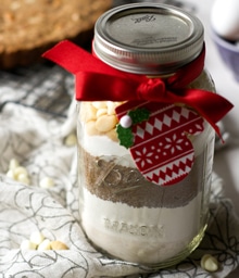 Gift jar with layered ingredients for Housewife in Training's Macadamia Cookies.