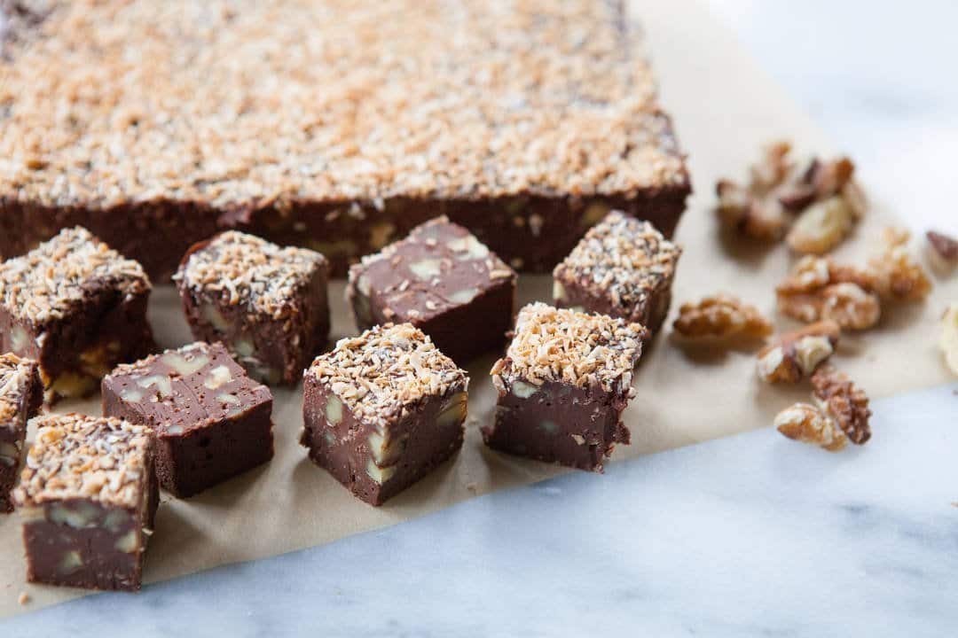 Chunks of Dairy-Free Coconut Walnut Fudge.