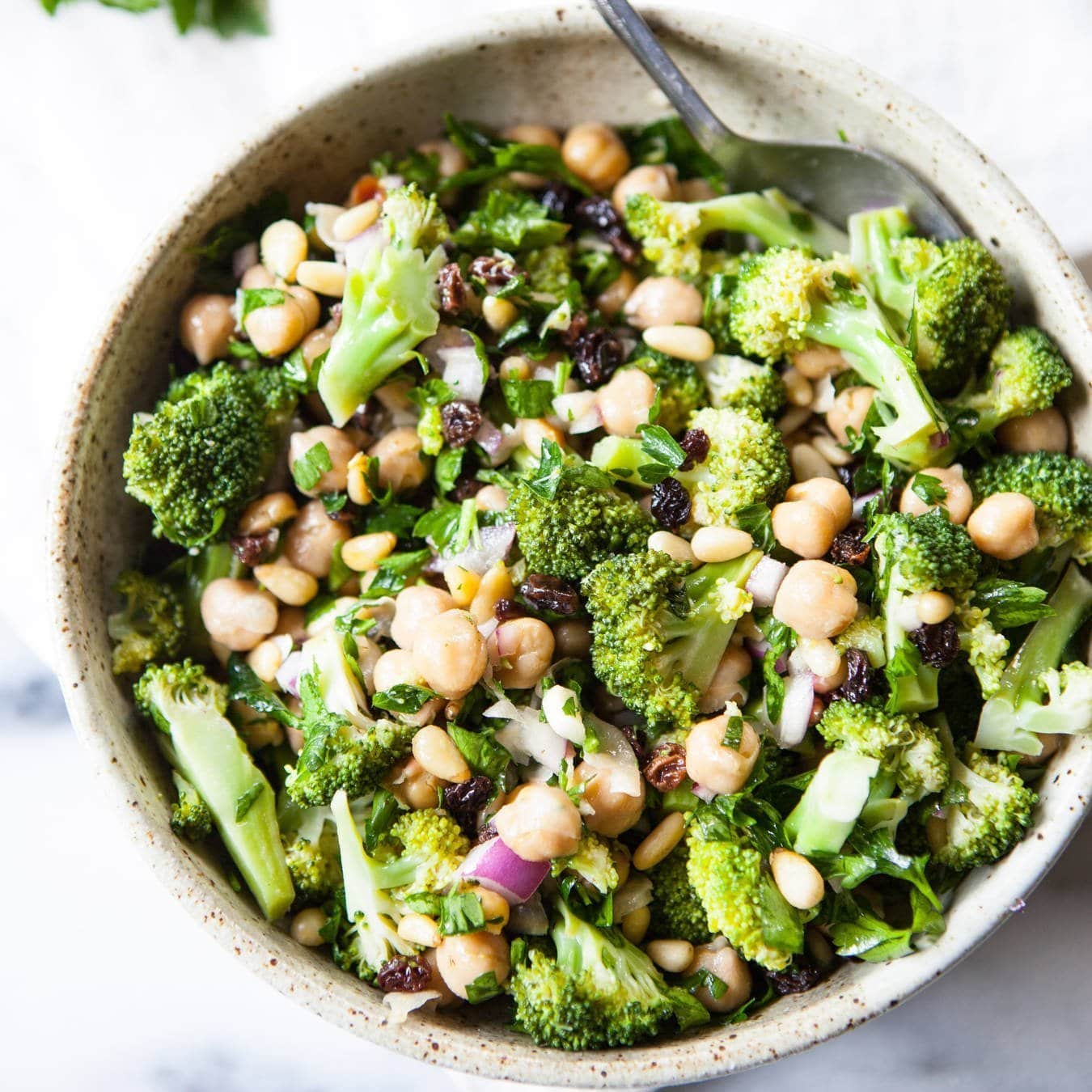 Big bowl of Crunchy Broccoli and Chickpea Salad.