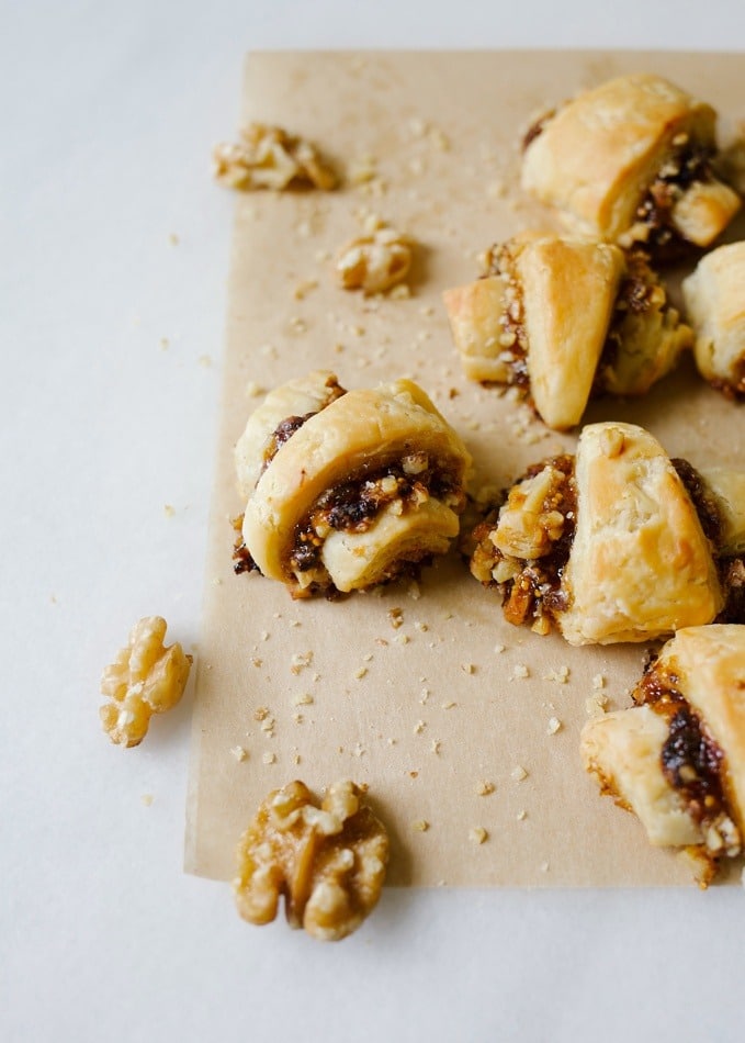 Close-up of Sweet and Savory Rugelach and walnuts.