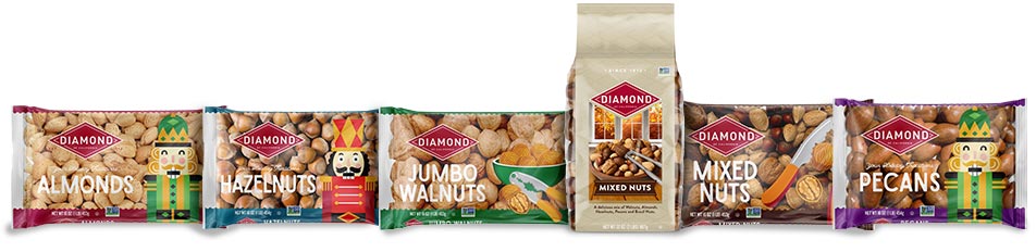 Line up of all Diamond in-shell nut bags for purchasing