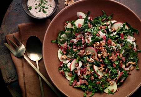 Kale, Apple, Pancetta, and Walnut Salad with Creamy Walnut Dressing