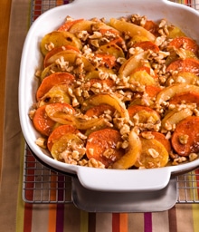 Dish of Maple Sweet Potato Walnut Casserole.