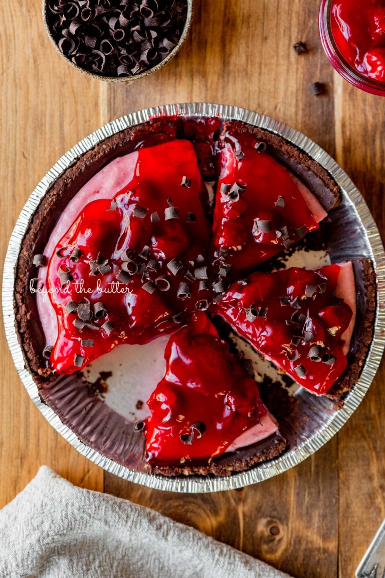 Pie pan with sliced No-Bake Strawberry Chocolate Pie.