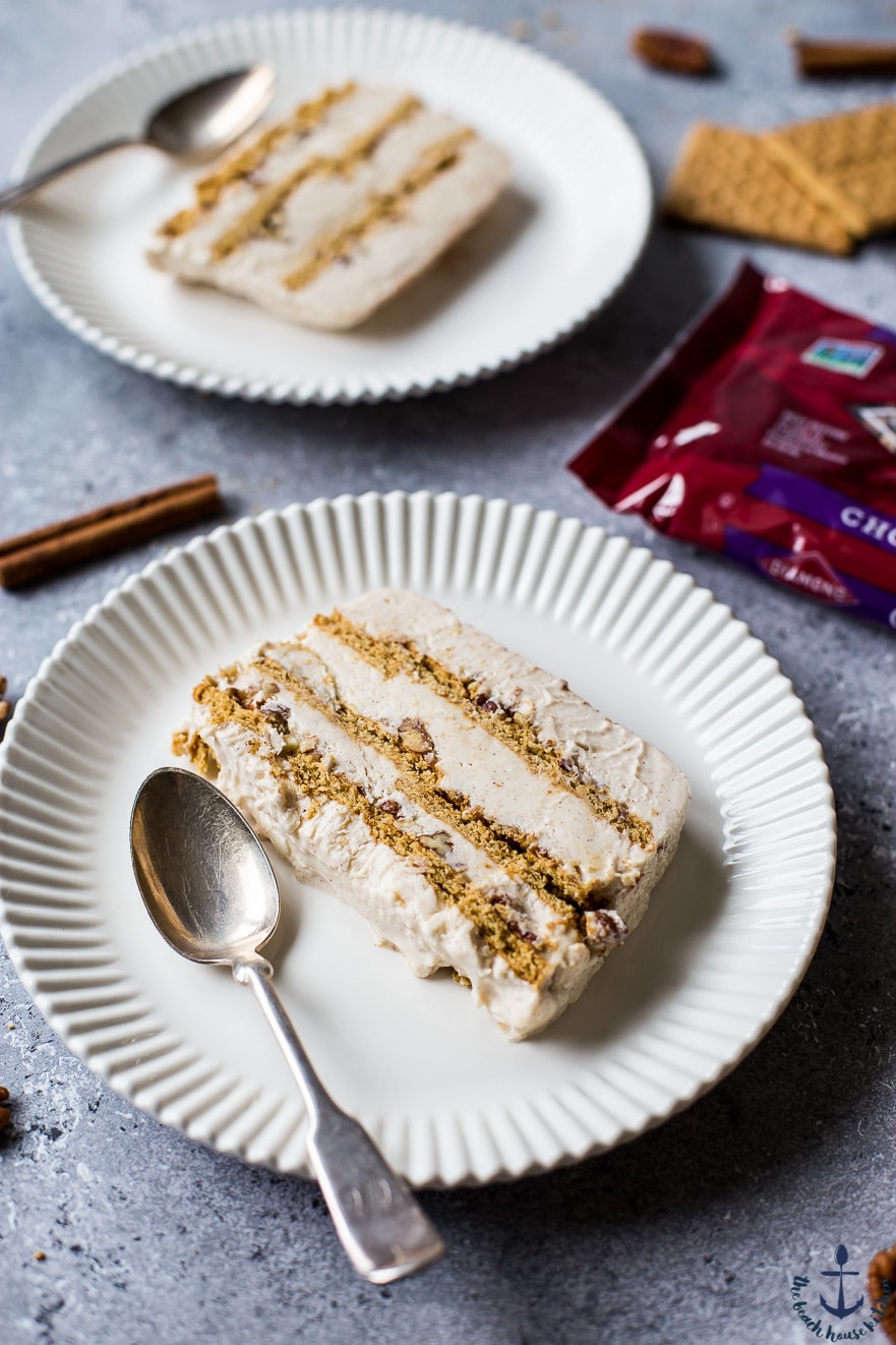 Two plates with slices of Pecan Cinnamon Roll Ice Box Cake.