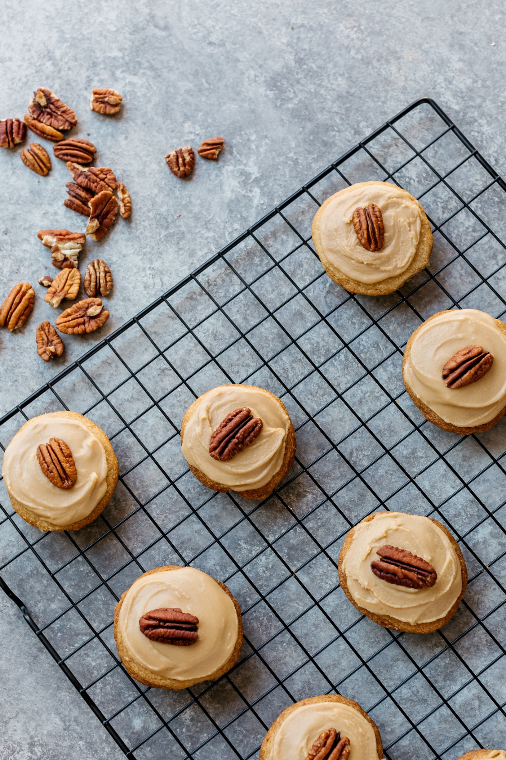 Cooling rack with Pecan and Almond Brown Sugar Cookies.