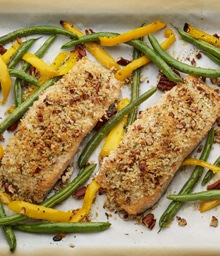Pan of Pecan Crusted Salmon and String Beans.