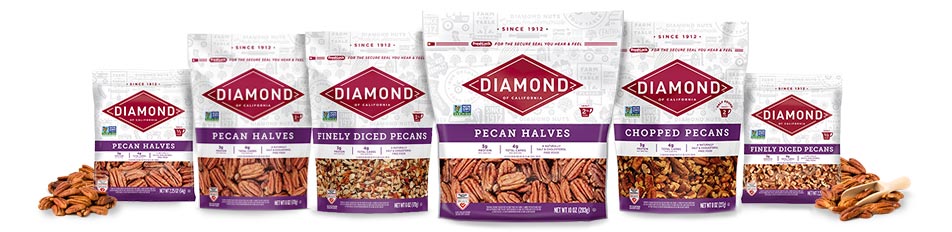 Line up of all Diamond pecan nut bags for purchasing