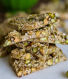 Stack of Pistachio Sesame Honey Brittle.