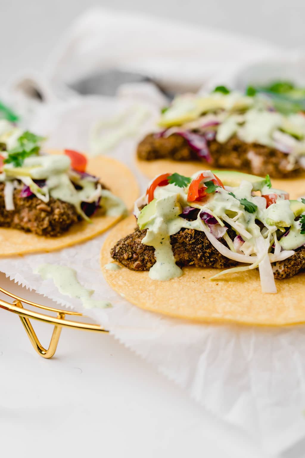 Three open-face Jalapeno Ranch Fish Tacos.