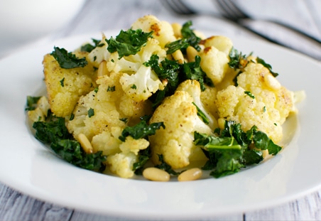 Roasted Cauliflower with Pine Nuts and Crispy Kale