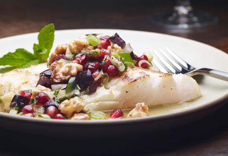 Roasted Orange Citrus Halibut with Walnut Pomegranate Relish