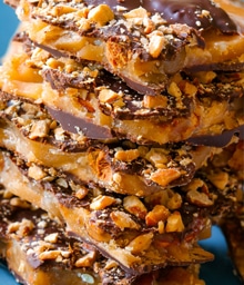 Tall stack of Chocolate Almond Toffee.