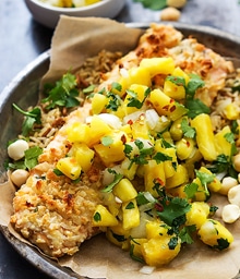 Plate of Salmon topped with Pineapple Salsa.