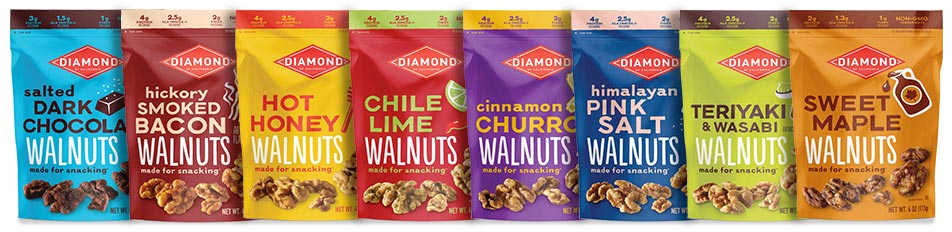 Line-up of all Diamond snack walnut packaging bags.