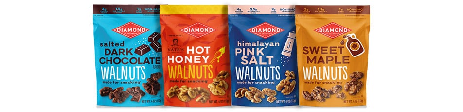 Line-up of all Diamond snack walnut packaging bags.
