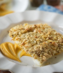 Plate with Almond Crusted Halibut.