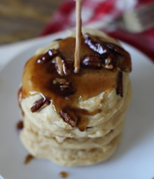 Stack of mini Pecan Pie Pancakes from Thoughtfully Simple.