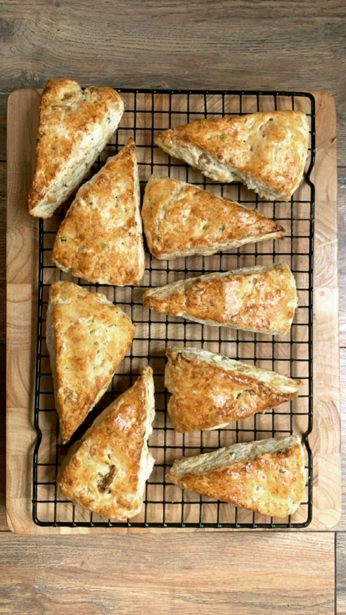 Walnut Cheddar Scones on a cooling rack.