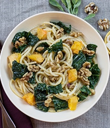 Bowl of Creamy Butternut Squash and Walnut Bucatini.