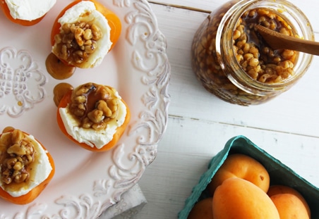 Fresh Apricots with Goat Cheese and Orange Honey-Walnut Syrup