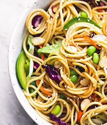Plate of Asian Spaghetti Salad with Sesame Ginger Dressing.