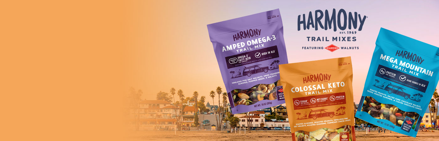 Packages of Harmony Trail Mixes featuring Diamond walnuts