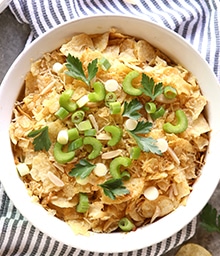 Casserole dish of Chicken Salad Bake.