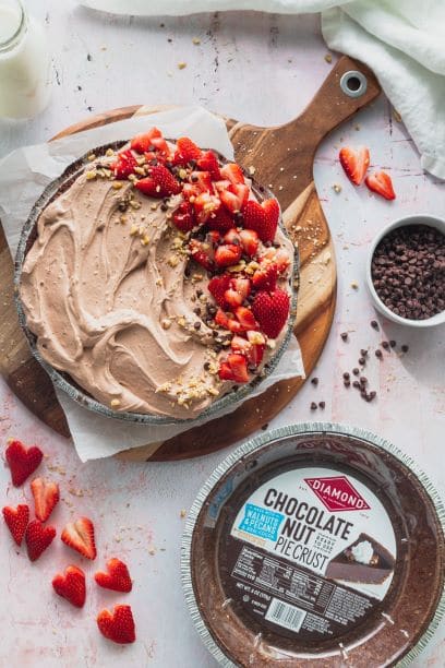 Chocolate No-Bake Strawberry Pie next to Diamond Chocolate Nut pie crust.