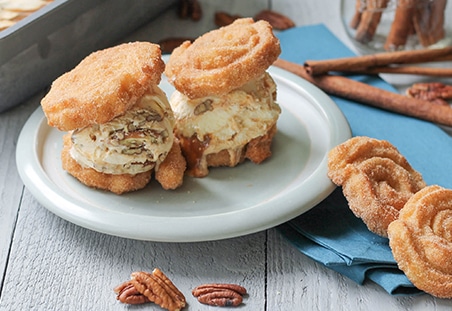 Churro Caramel Pecan Ice Cream Sandwiches