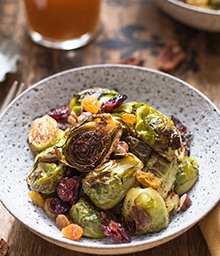 Bowl of Apple Cider Glazed Crispy Brussels Sprouts.