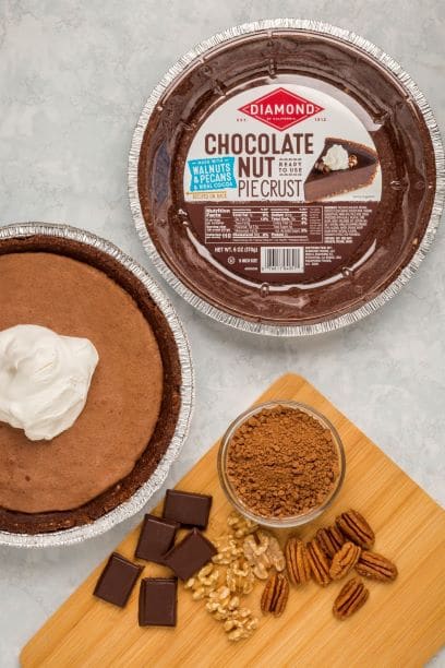 Diamond Nuts Chocolate Nut Pie Crust next to Dark Chocolate Truffle Pie.