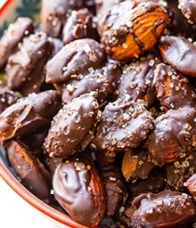 Bowl of Dark Chocolate Sea Salt Almonds.