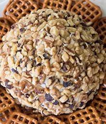 Big dessert cheeseball surrounded by pretzels.