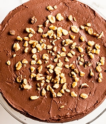 Top view Diamond Nuts Chocolate Walnut Layer Cake.