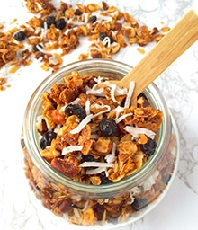 Jar of Diamond Nuts Coconut Granola with Hazelnuts and Blueberries.