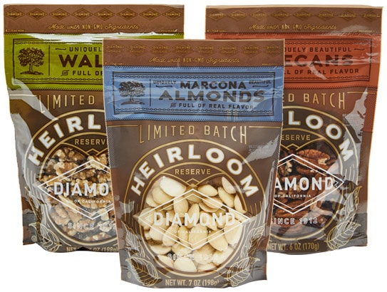 Bags of heirloom marcona almonds, walnuts and pecans